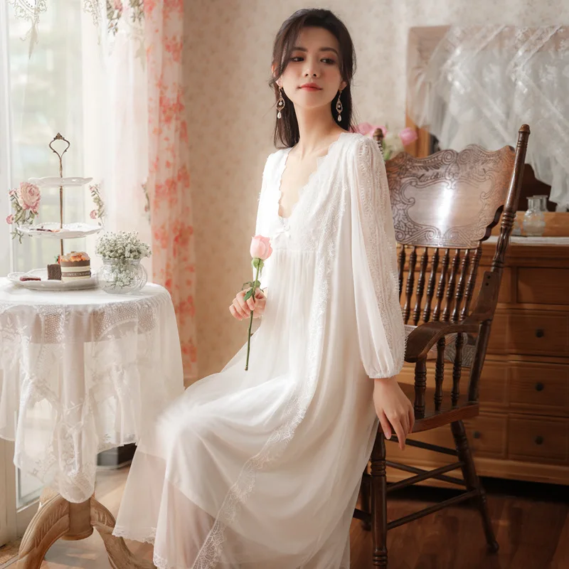 Fairy White Victorian Night Dress Women Spring Autumn Mesh Long Sleeve Sleepwear Princess Sexy Lace Peignoir Vintage Nightgowns