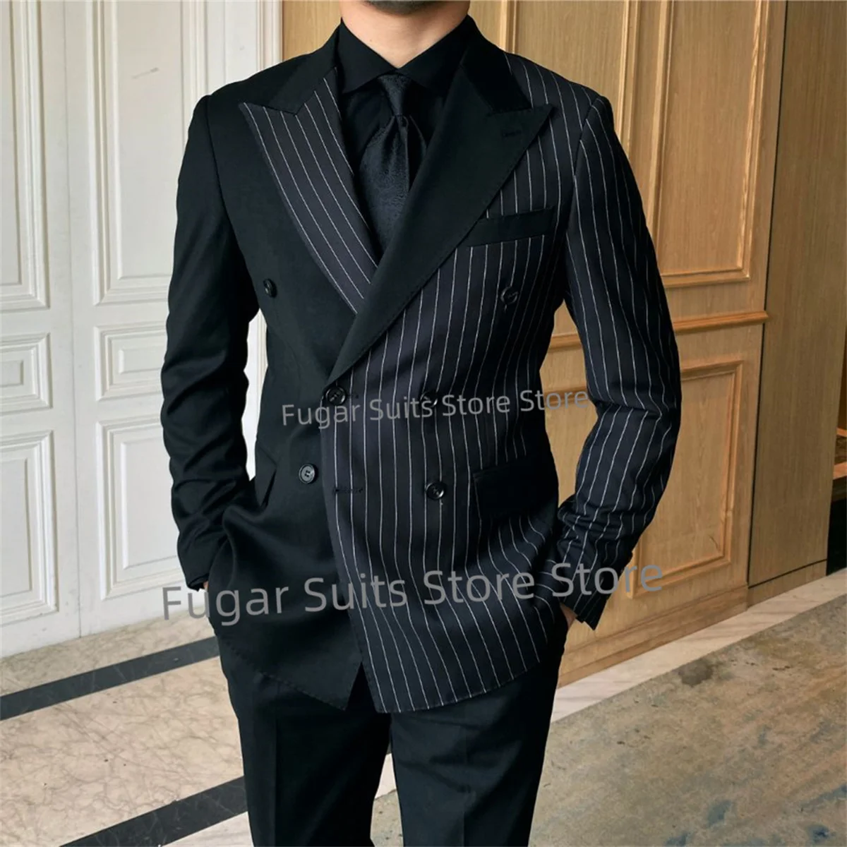

Fashion Black Suits For Men Slim Fit Double Breasted Peak Lapel Groom Tuxedos Prom2Pieces Sets Casual Male Blazer Costume Homme