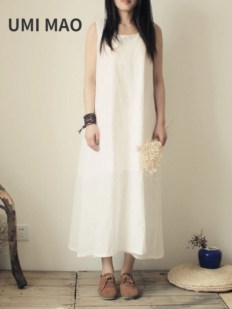 

UMI MAO Chinese Style Harajuku Ins Cotton Elegant White Red Ladies Summer Literary National Style Retro Long Dress
