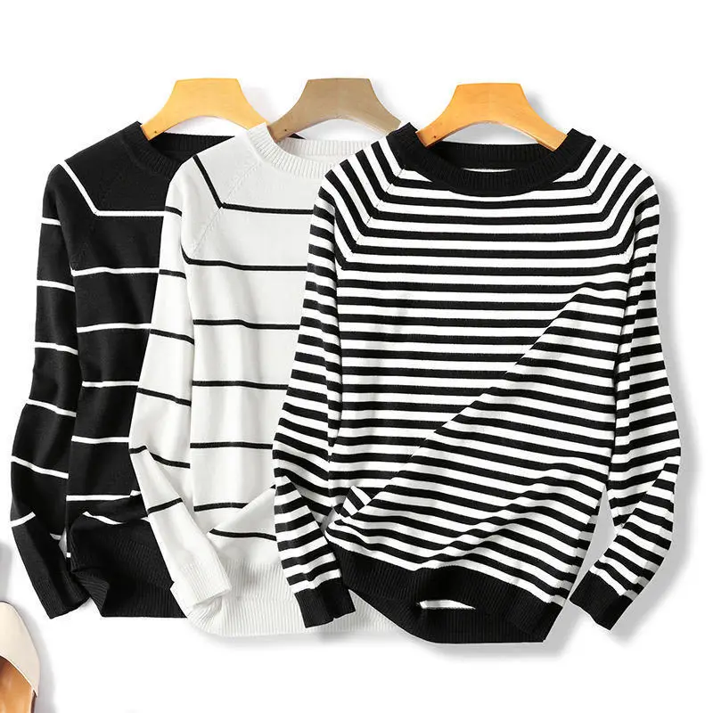 

2022 Autumn / Winter Women's Long-Sleeved Striped Pullover Sweater O-neck Bottoming Sweater Pullover Loose T-shirt Top Vestidos