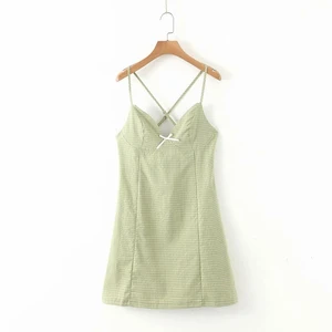 Women French Bow Spaghetti Strap Dress 2021 Ins Sexy Short Summer New Fresh Plaid V-neck Slim Body Cottagecore Y2k Korean Dress