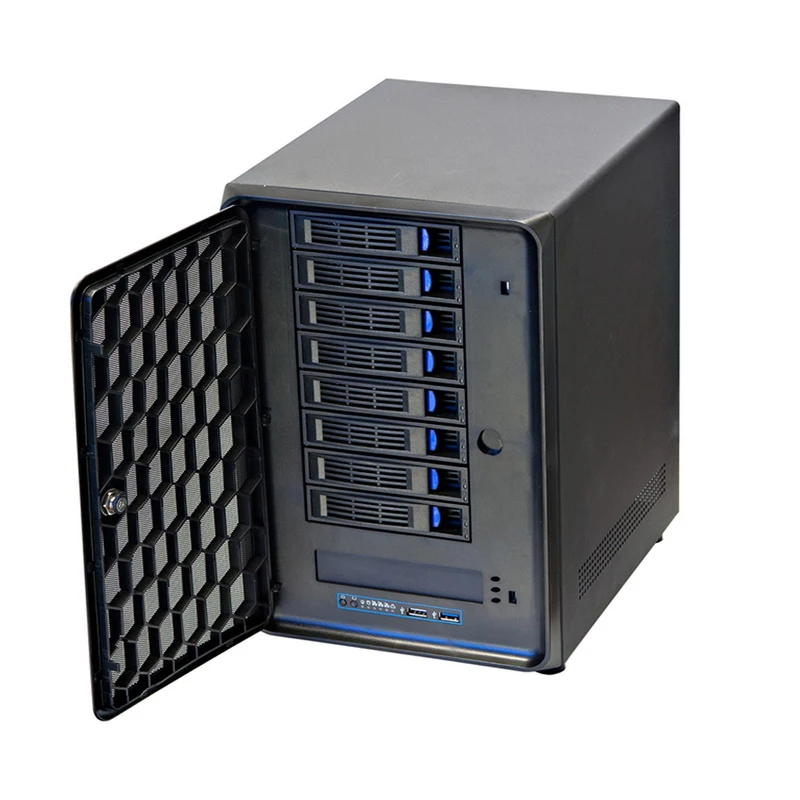 Фото Лидер продаж: Корпус для сервера на 8 отсеков для HDD, сетевое хранилище NAS, алюминиевый сплав, пластик, SAS/SATA, горизонтальный, Mini-ITX, с боковой панелью-окном №1