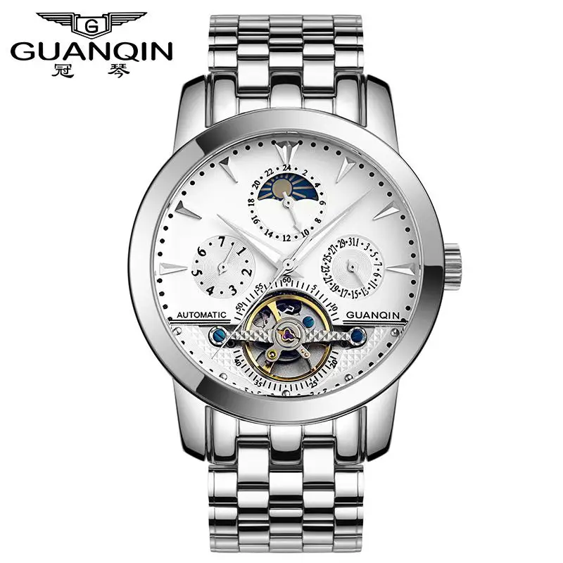 

Guanqin GQ10028-A Clock Men Mechanical Tourbillon Style Automatic Waterproof Stainless Steel Strap Date Gold Watch