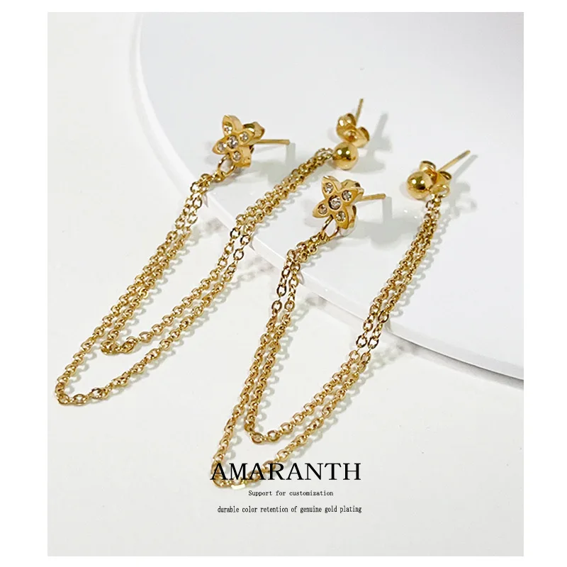 

Ins diamond inlaid flower earrings show face thin earrings net red long earrings earrings titanium steel 18k