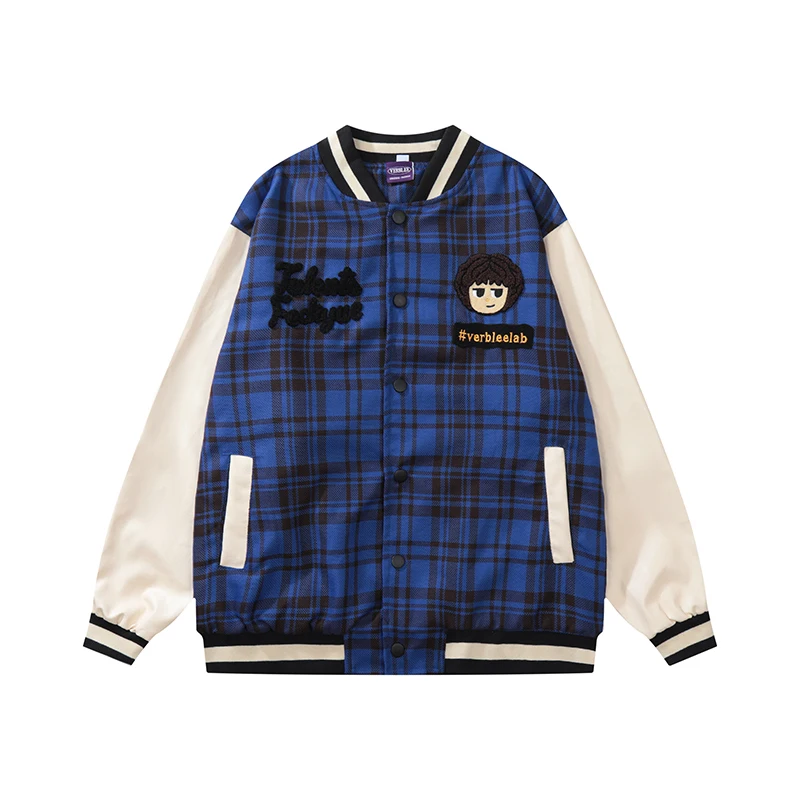 

Japanese Retro Cartoon Girl Letter Embroidery Plaid Casual Jackets Men and Women Leather Sleeve Stand Color Match Autumn Coats