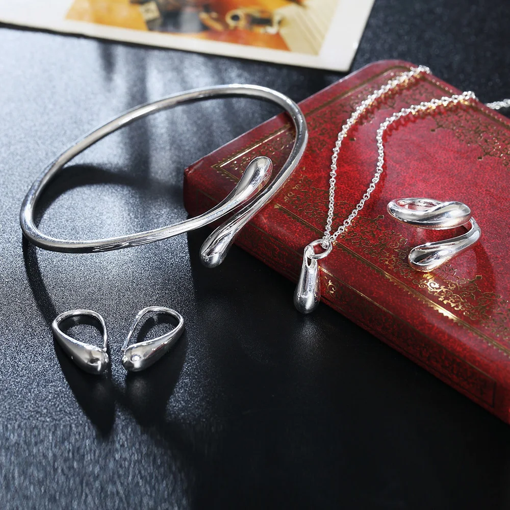 

Fine 925 Sterling silver Set for Women lady wedding party water drop Necklace Earrings Bangles Ring fashion jewelry sets