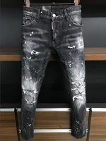 new mens skinny jeans with ripped holes and elastic paint spray black stitching beggar pants a379