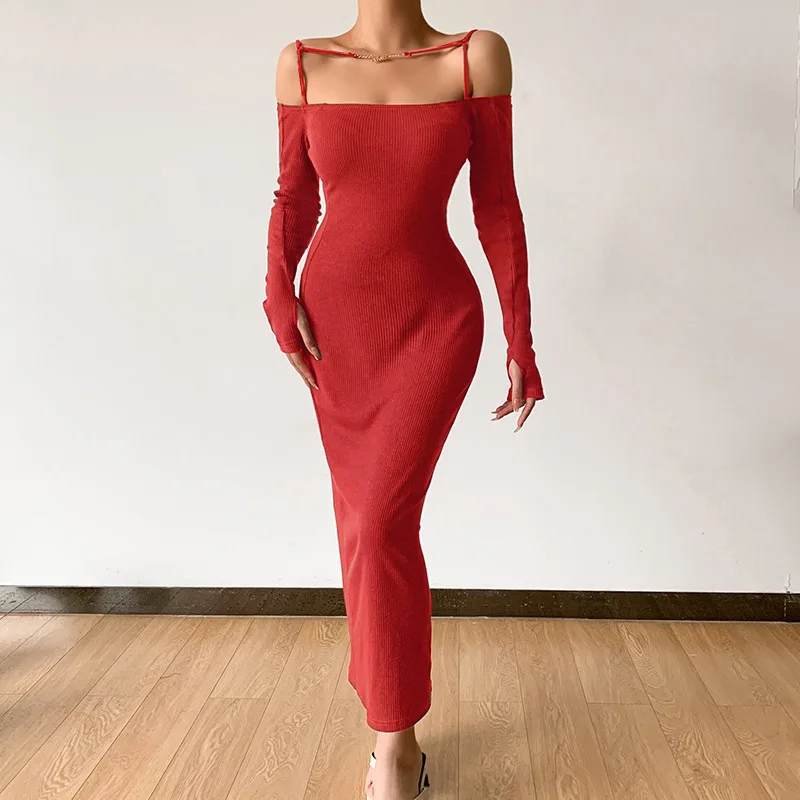 Женское трикотажное платье в рубчик Элегантное Длинное облегающее с открытыми