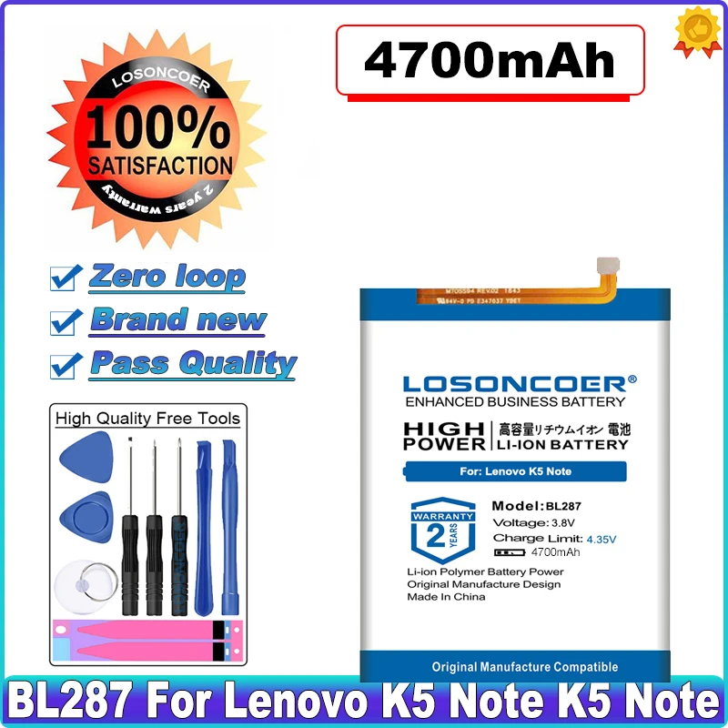 

LOSONCOER BL287 Battery 4700mAh For Lenovo K5 Note K5Note Mobile Phone Batteries +Free tools+Sticker