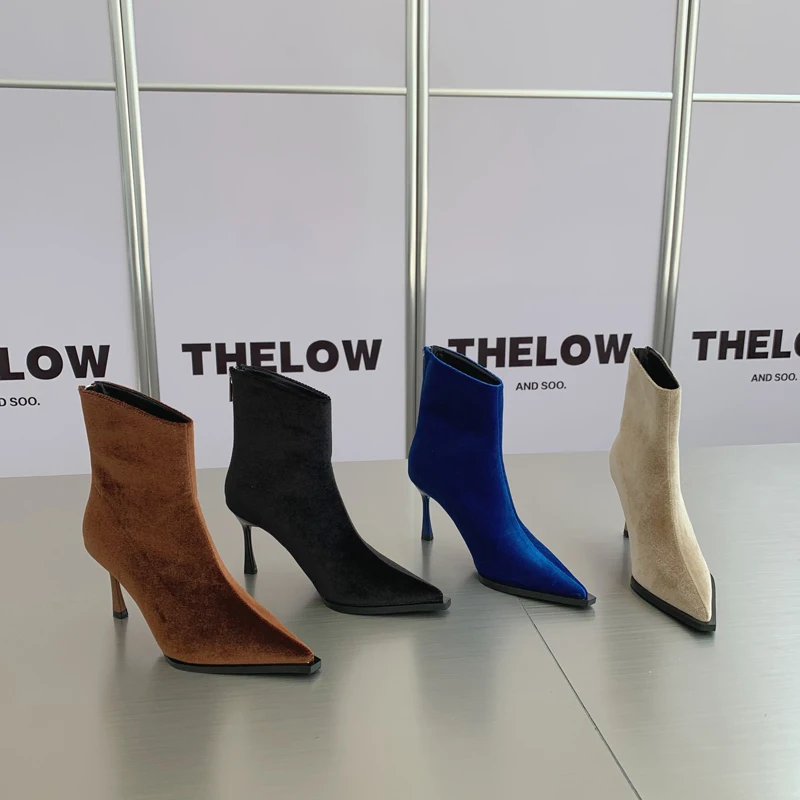 

Женские ботильоны с острым носком, Новое поступление 2022, зимние ботинки челси на молнии сзади, ботинки на тонком высоком каблуке коричневог...