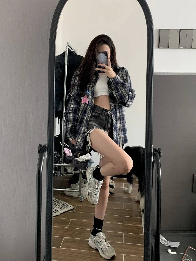 Женская винтажная клетчатая рубашка с длинным рукавом и вышивкой Y2k