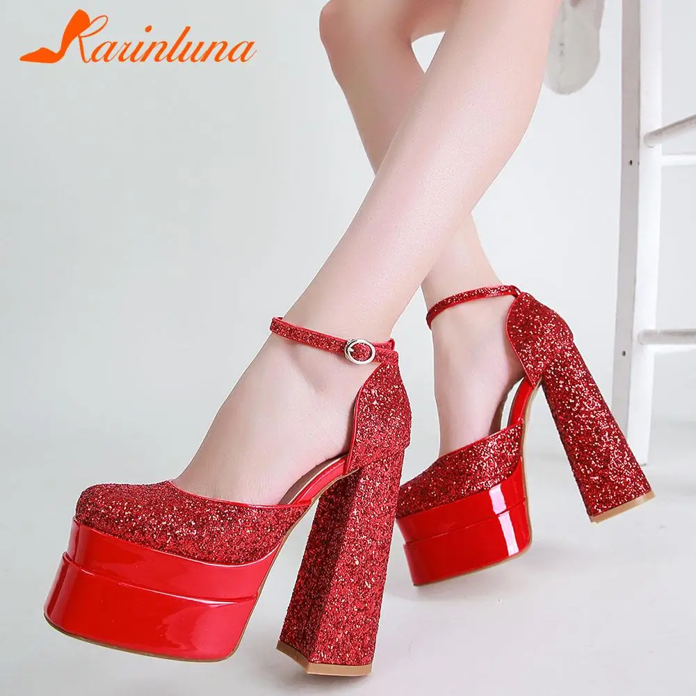 

Fashion New Women Sandals Square High Heels Bling Square Toe Buckle Strap Solid Woman Sandals Summer Sexy Party Club Lady Shoes
