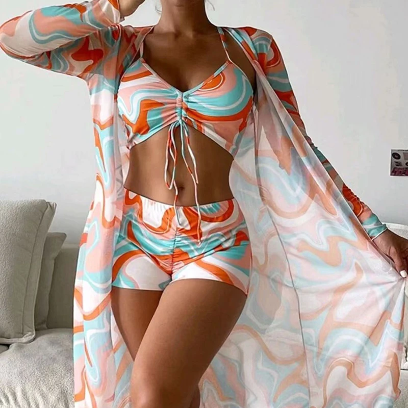 

3 шт. бикини с высокой талией 2023, сексуальный комплект бикини из 3 предметов, закрывающий Купальник для женщин, купальник с длинным рукавом, п...