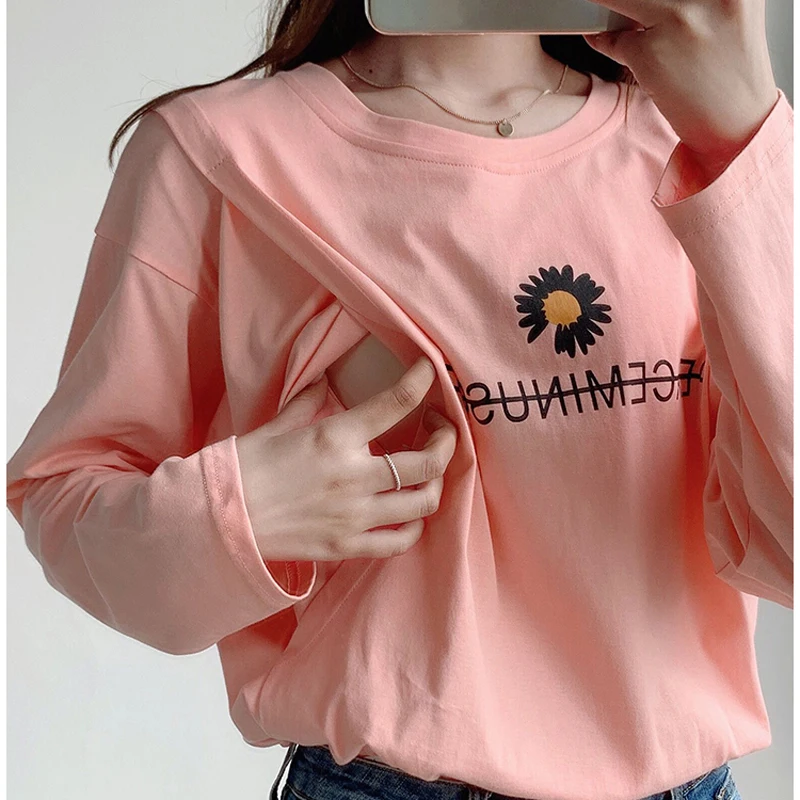 

High Quality Cotton Long Sleeve Nurse T-Shirt O-neck Flowers Print Autumn Clothes For Pregnant Women Breastfeeding Top 8578