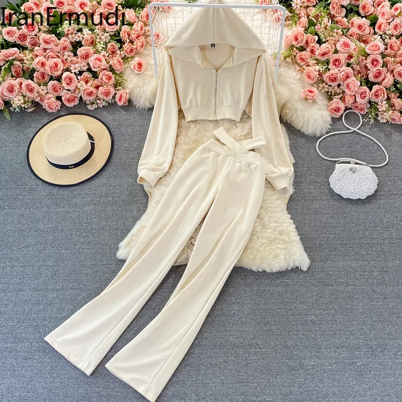 

Iranermudi Casual Loose Women Two Peices Set Cropped Sweatshirt Solid Sexy High Waist Skinny Long Pant Chic Outfits Spring Suit