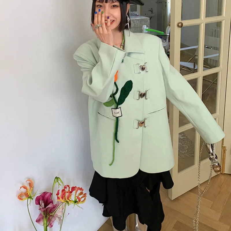 

Spring Autumn Women's Blazer Korean Fashion Of The Oblique Placket Three-dimensional Flower Green Suit Jacket Female