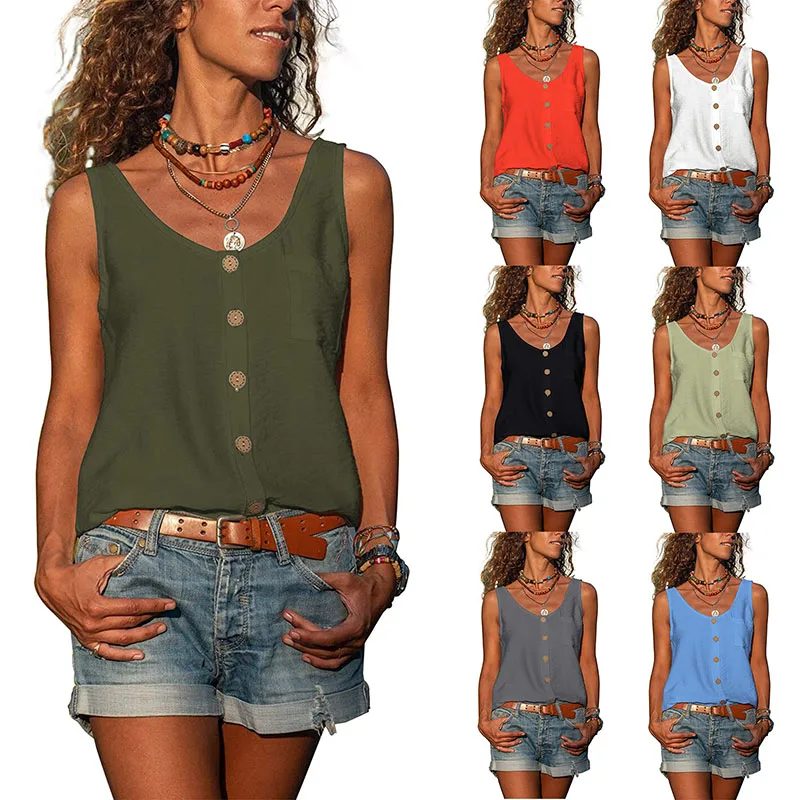 

2022 Fashion O Neck Women Sexy Sleeveless Vest Tops Summer Casual Loose Solid Buttons Pocket Ladies All- Match Simple Lady Vests