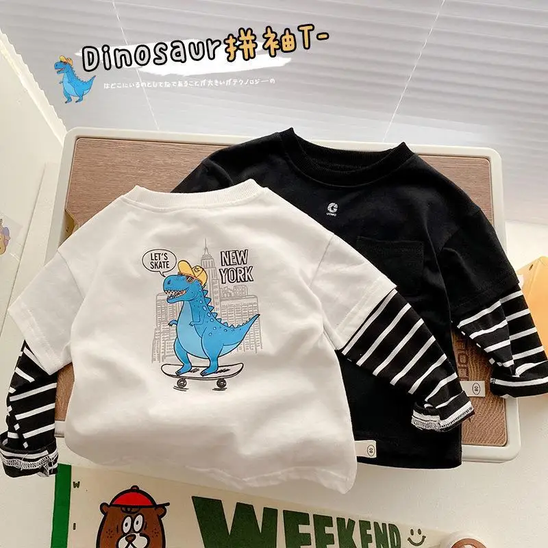 

Children T-shirt Autumn Boy Dinosaur Bottomed Shirt Children's Fake Two Striped Top Kids Clothes
