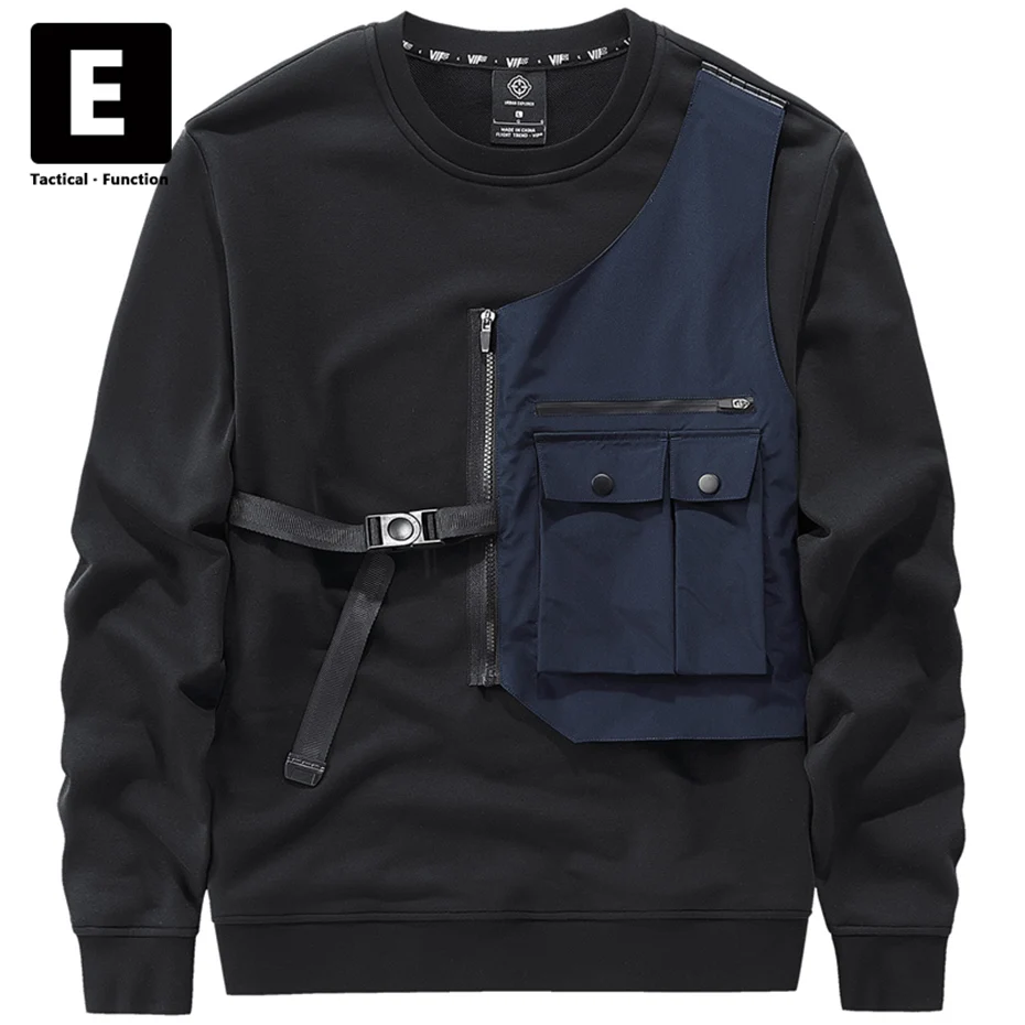 Black Techwear Tactical Sweatshirt Men Cargo Sweatshirt Spring Autumn Long Sleeve Pullover Male Hoodies Detachable Pocket Design