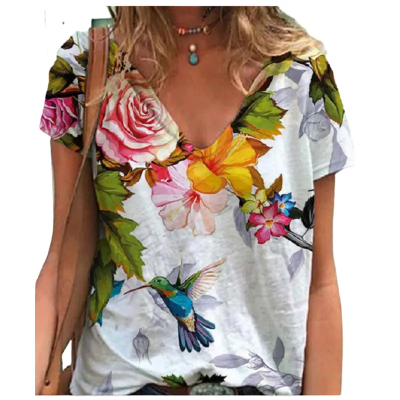 

2022 Women Floral Print T-shirts Short Sleeve V-Neck Casual Loose Tops Plus Size Cotton Shirt Femme