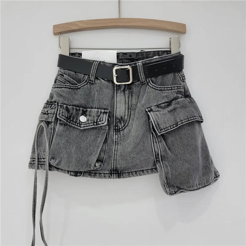 Korean Style Multi Pockets Cargo Denim Shorts Zipper Lace Up High Waist A-line Women Fashion Casual Jeans Culottes Streetwear