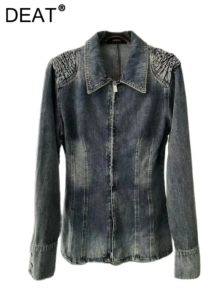 Женская джинсовая рубашка на молнии DEAT синяя облегающая плиссированная блузка