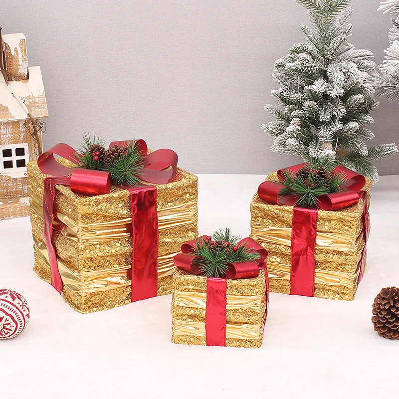 

Рождественское украшение, Подарочная коробка из трех предметов, украшения для рождественской елки, светящиеся Железные украшения для дома ...