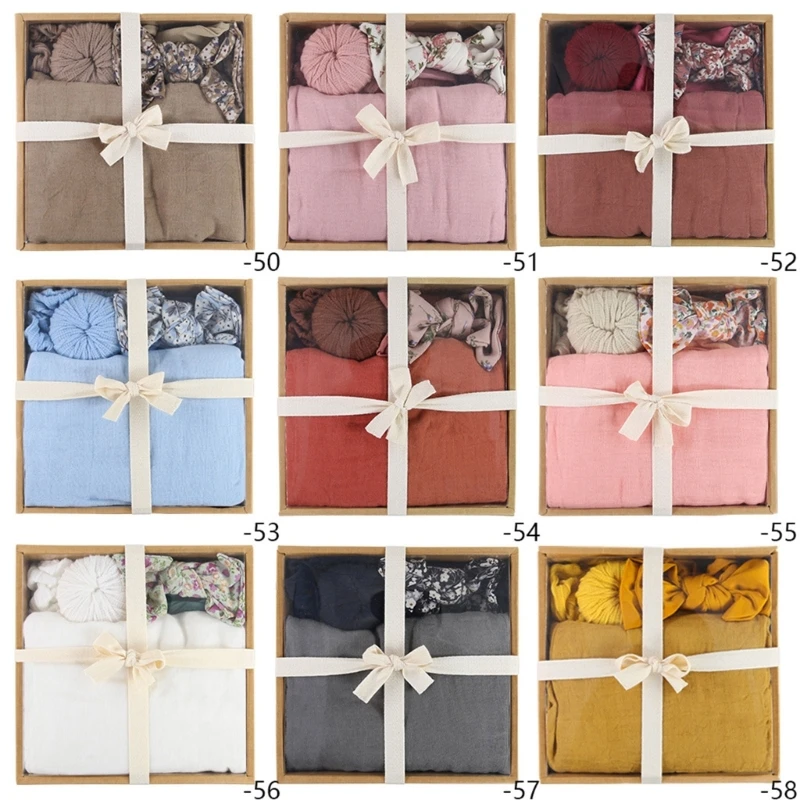 

L21F 1 Set Cotton Baby Blanket Headband & Hat, Newborn Swaddle Toddler Receiving Blanket Wrap Infant Hairband Beanie Kits