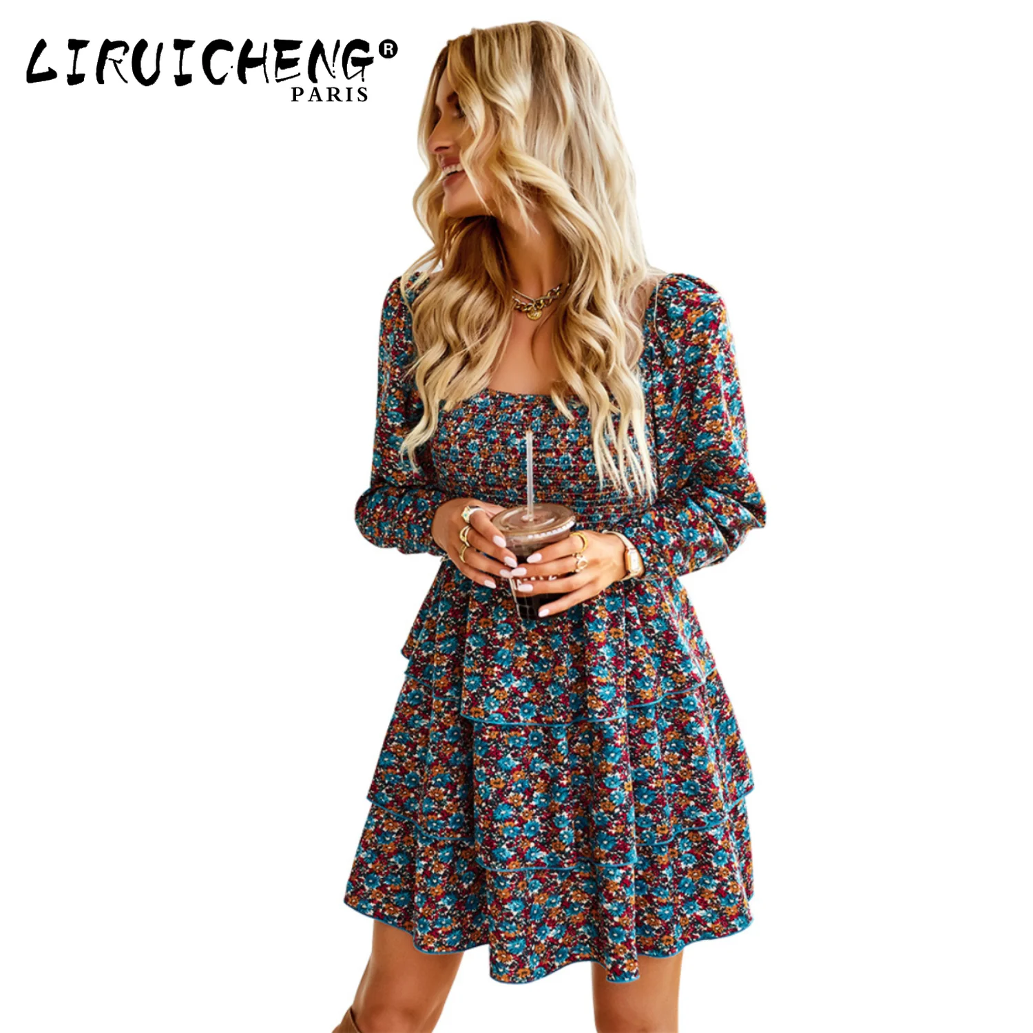 

2023 Women's Independent Station Autumn Winter Cake Autumn and Winter Temperament French Square Neck Girl Dress