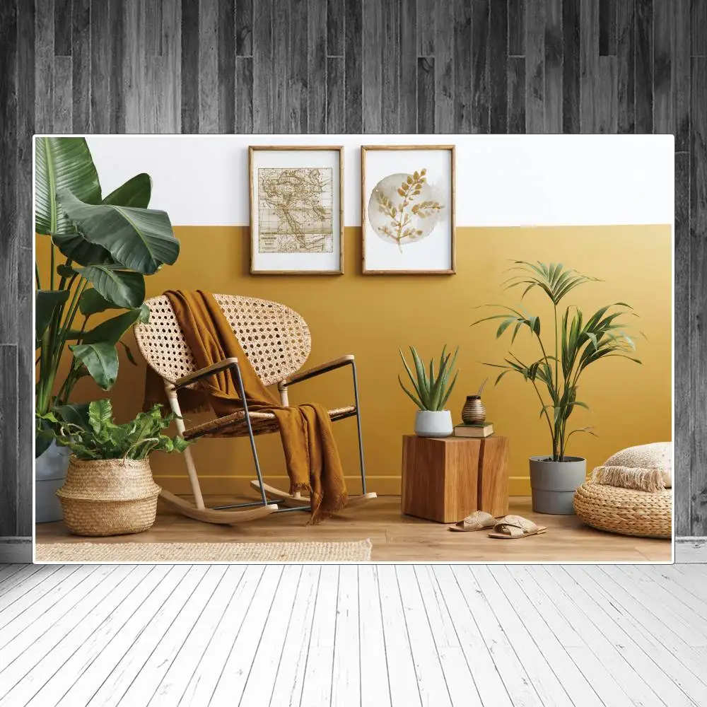 

Room Rocking Chair Backdrops Photography Tropical Leaves Decoration Custom Frame Yellow White Wall Home Studio Photo Backgrounds