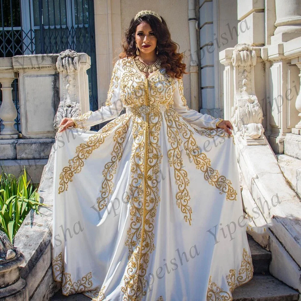 

Moroccan Kaftan Evening Dress Gold Applique V Neck Long Sleeves Beading Belt A Line Dubai Robe Prom Gown Formal Party Dresses