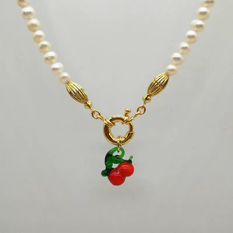 

New Summer Fresh Glazed Cherry Collarbone Chain Female Freshwater Pearl Brass Gold-Plated Fashion Personality Ladies Necklace