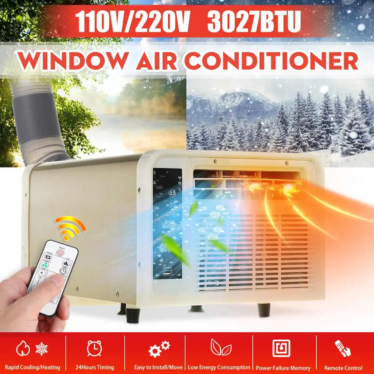 Portable Window Air Conditioner 24 Hours Timer Cooling Heating Cold/Heat Air Conditioning Box Cooler Dehumidifier Free Pipe Gift