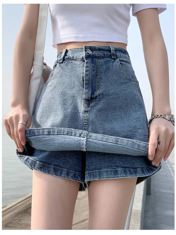 

Large Size Elastic Denim Short Skirt Korean Fashion Fake Two-piece Skirts All Match Summer New Jean Faldas Mujer 5xl