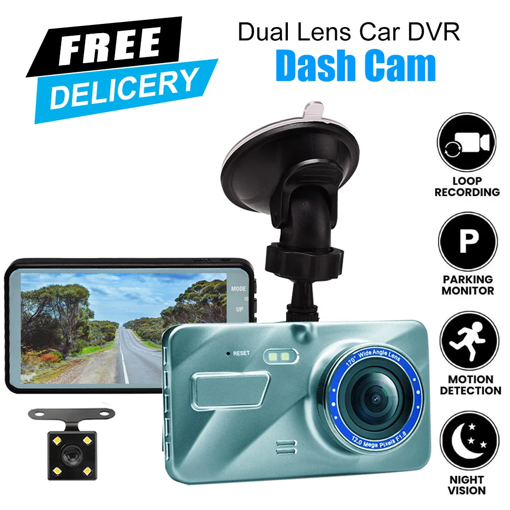 

Car DVR Dash Cam 1080P HD Front And Rear Dual-lens Driving Recorder with 4" Display Cycle Recording Night Vision 170° Wide Angle