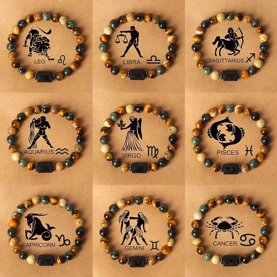 

Simple 12 Constellation Natural Stone Beads Bracelet for Women Men Charm Handmade Zodiac Sign Elastic Rope Birthday Jewelry Gift