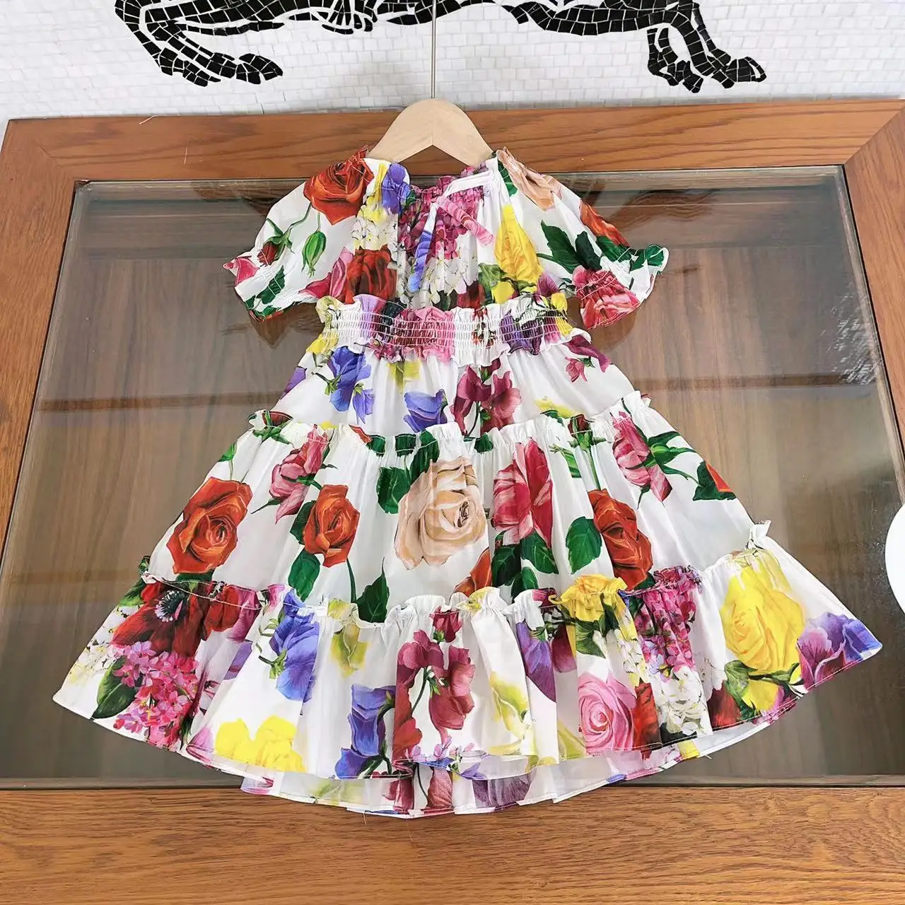 

Design Sense Children's Court Style Printed Colorful Ruffle Collar Girls' Dress Bubble Short Sleeve Fluffy Sweet Princess Dress