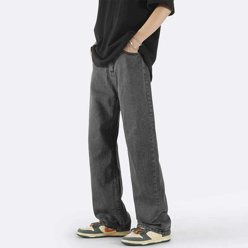 Grey Blue Jeans Men Slim Fashion Retro Harajuku Straight Jeans Men Streetwear Hip-hop Loose Denim Pants Mens Trousers M-2XL