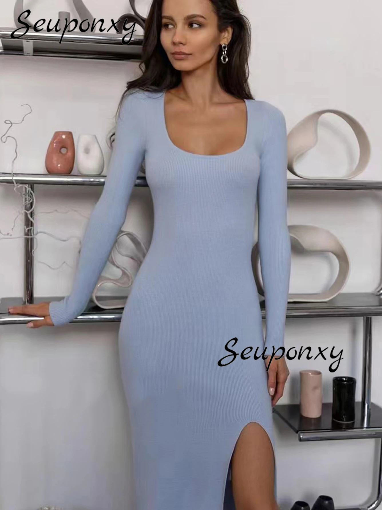 

Женское трикотажное платье с длинным рукавом, с квадратным вырезом