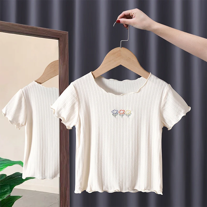 Korean Children's Clothes 2023 Summer Cotton Thin Fashionable Short Sleeve Tee Shirt Ventilate Lovely Crop Top For Kids Girls