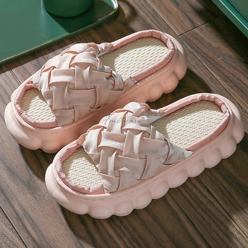 Linen Weave Slippers House for Women Thick Sole Shoes for Female Thick Platform Slippers Indoor Non-Slip Woman Slides for Home