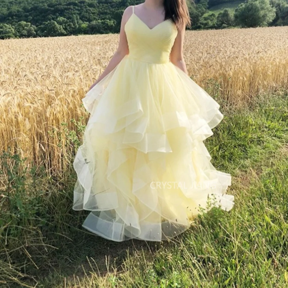 

Long Luxury Evening Dresses Strapless Tulle Natural Waist Sleeveless Zipper Back A Line Floor Length Ruffles Prom Dress