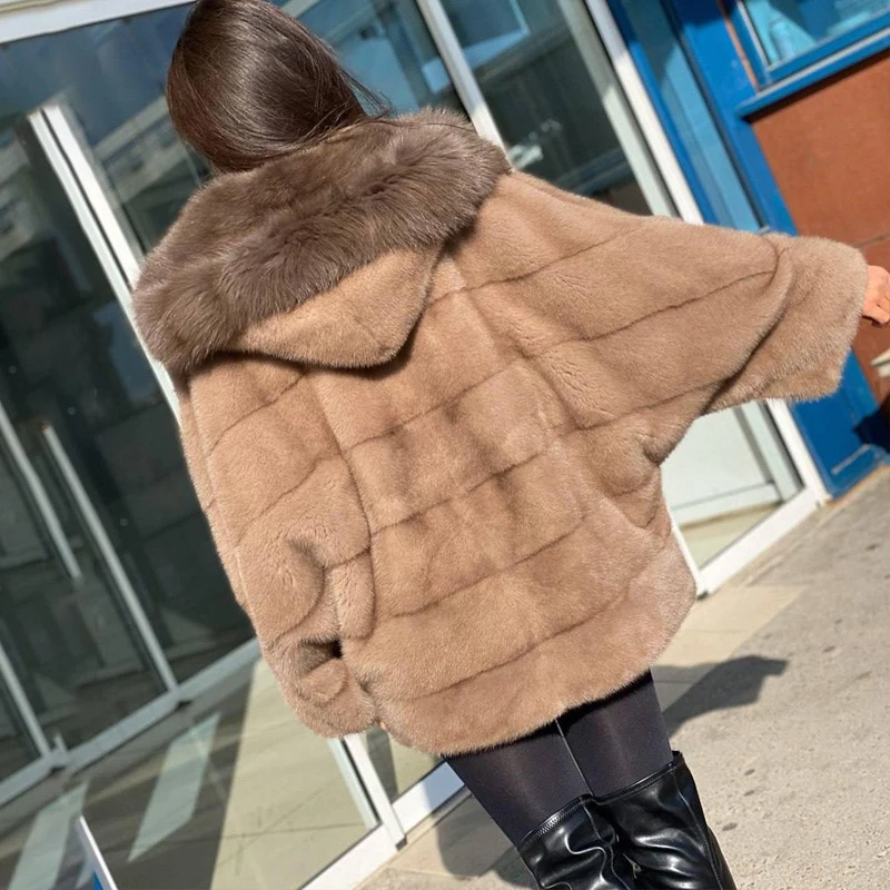 Fox Fur Hooded Patchwork Mink Jacket Women Winter New High Street Cozy Outertwear Lady Luxury Genuine Mink Fur Coat Femael