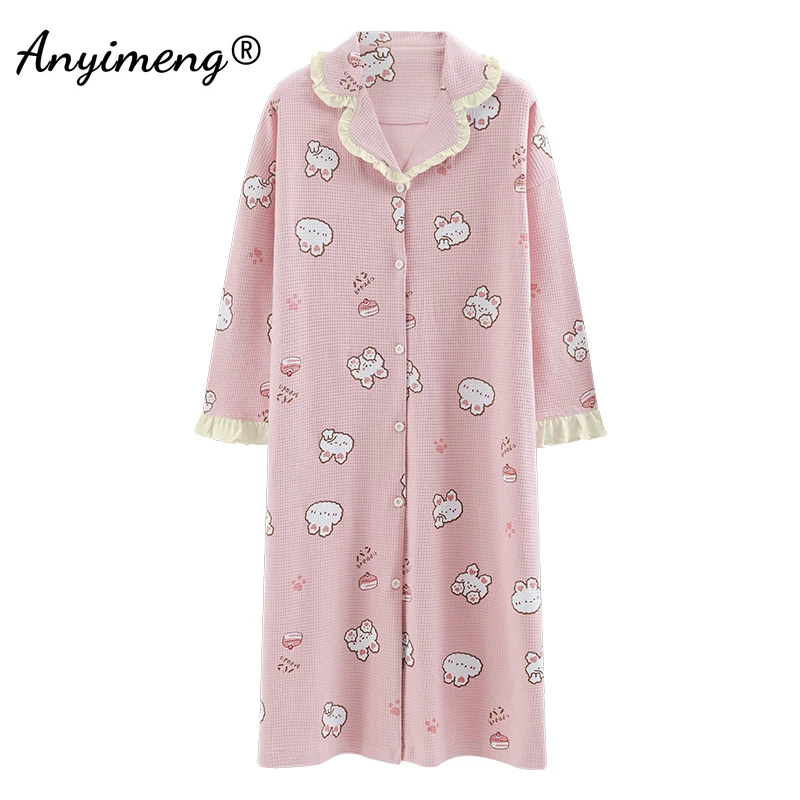 

M-4XL Cotton Womens Pink Dress Autumn Spring Cardigan Long Dressing Kawaii Girl Pajama Nightdress Ruffle Cuff Nightgown for Lady