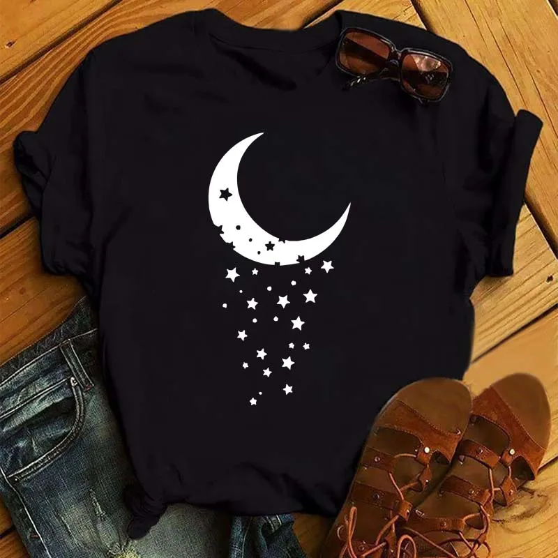 

New Moon Star Printing Tshirt Women Retro Harajuku Short-sleeved Black T Shirt New Women's Casual Oversized T-shirt Tops Tees