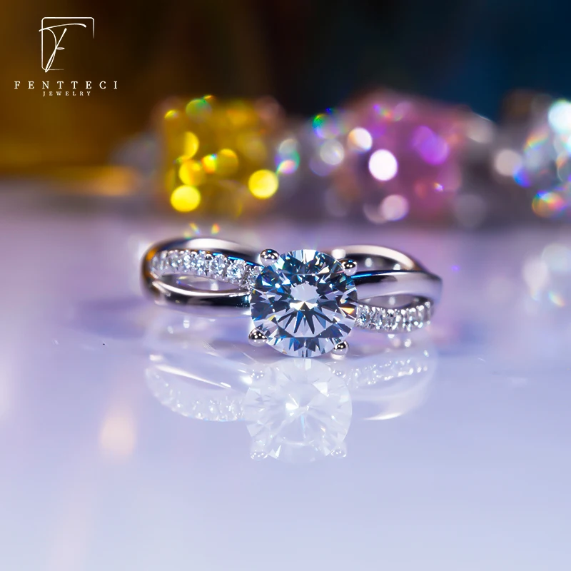 FENTTECI New 925 Sterling Silver Platinum Plated Ring D Color Moissanite Ring 1 Carat for Women Wedding Engagement Fine Jewelry