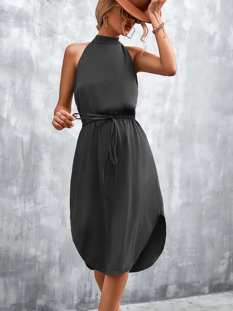 

Summer Sleeveless Midi Dress Women Black Hollow Out Halter Dress Female Casual Party Slit Dresses for Women 2022