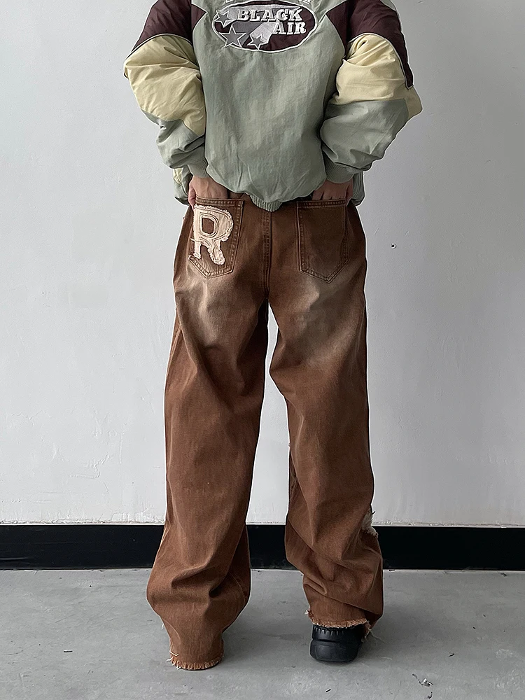 Men Clothing Hip-Hop Caffee Lightning Tooling Straight JeansKorea Fashion Clothing High Street Style Y2k Streetwear Luxury Jeans