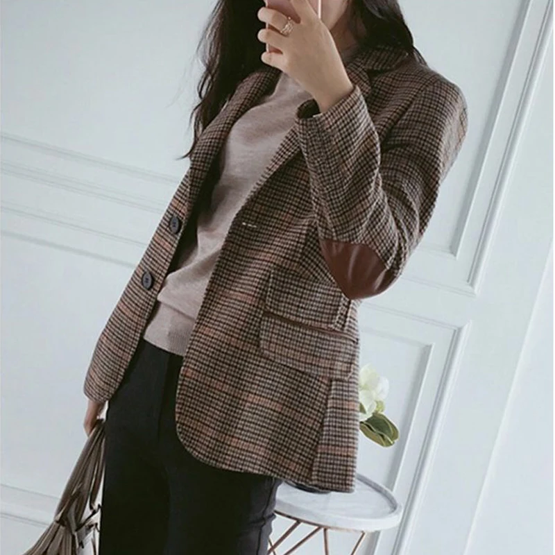 2022 New Slim Fit Women Retro Plaid Blazer Korean Style Elegant Womens Woolen Suit Jacket Single-breasted Blazer Femenino Street