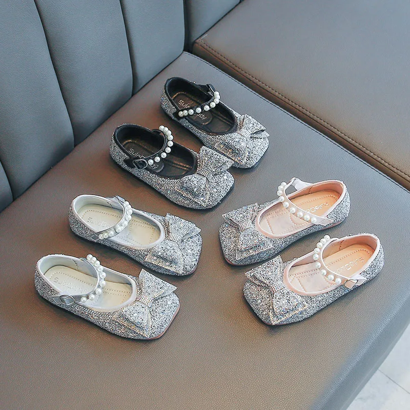 

Girls Rhinestone Princess 2022 Spring Kids Fashion Crystal Slipper Flat Square-toe with Pearls Cute Chic Dress Shoes for Party